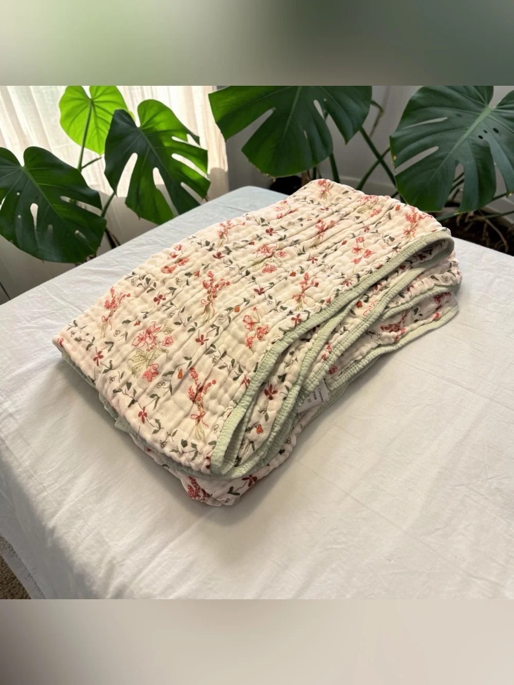 The Fleece Company Muslin Cotton Floral Wildflower Twin Throw Blanket Green Trim